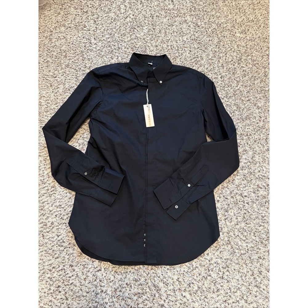 Mens Diesel New Black Hidden Button Down Shirt Size L Cotton Blend Slim